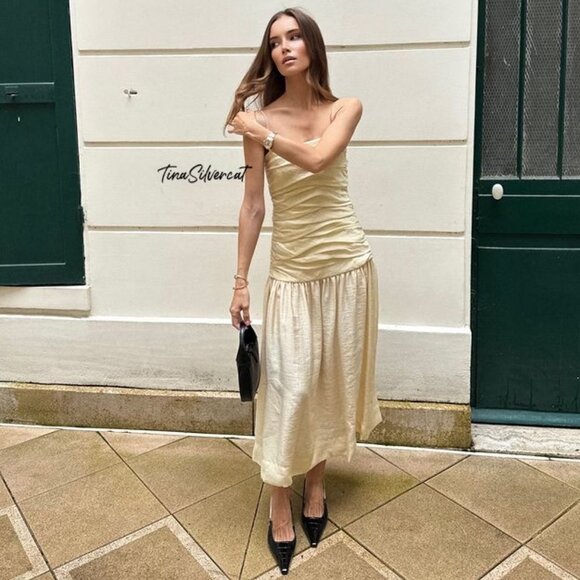 BLOGGER'S FAVE! Zara Draped Midi Dress Taupe Brown NWT - Picture 13 of 17